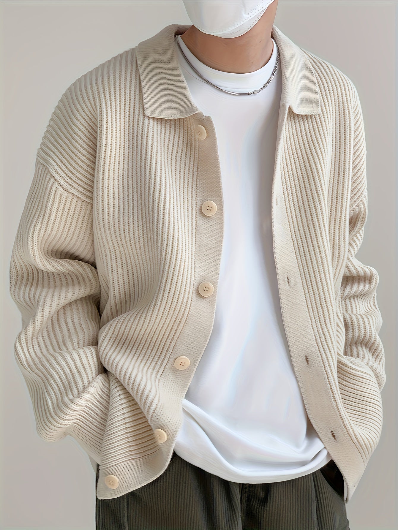 Textured Beige Button-Up Cardigan