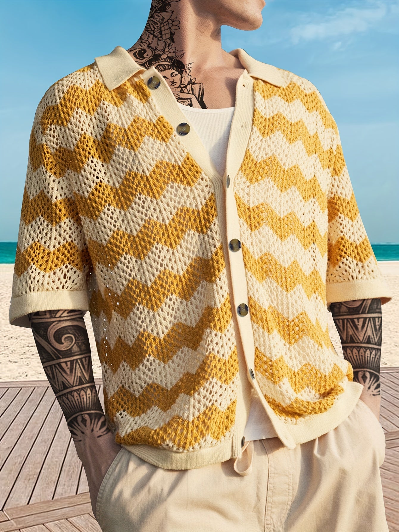 Vibrant Yellow Chevron Button-Up Cardigan