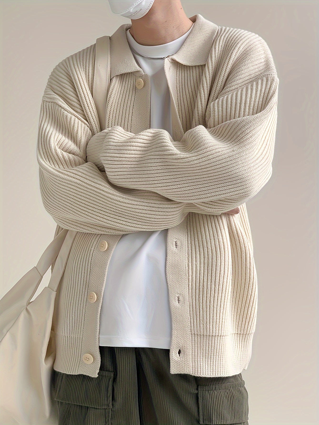 Textured Beige Button-Up Cardigan