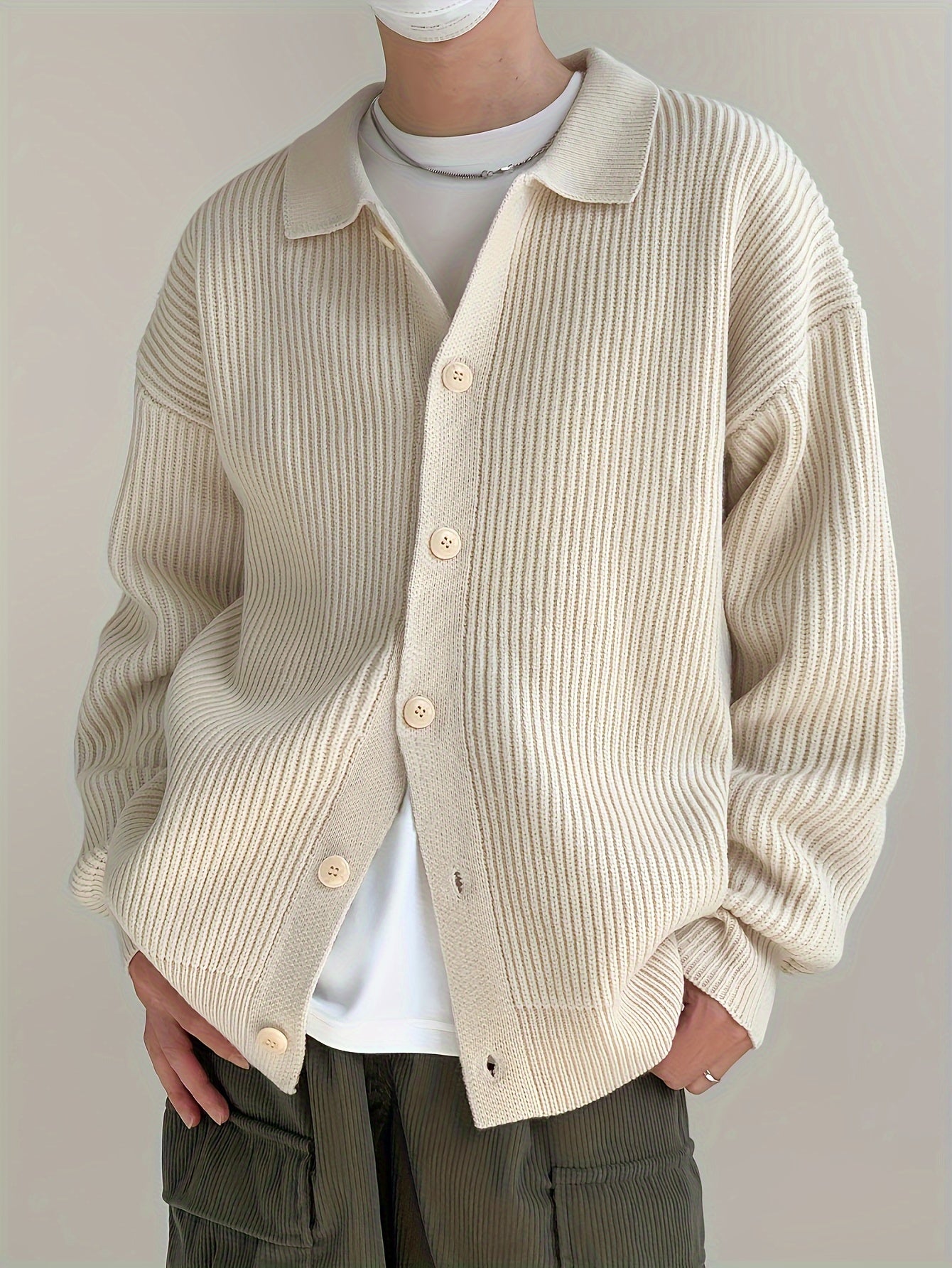 Textured Beige Button-Up Cardigan